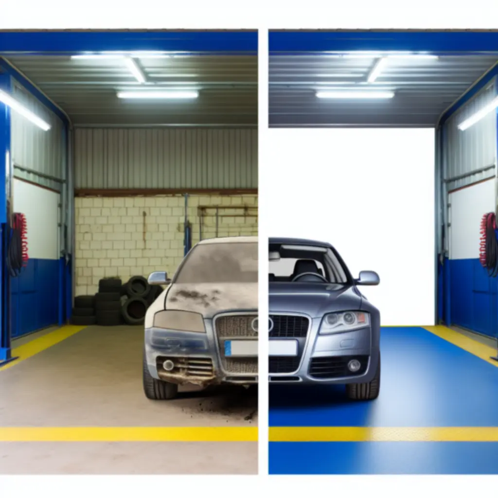 Porównanie samochodu przed i po kompleksowej naprawie blacharsko-lakierniczej w oświetlonym serwisie