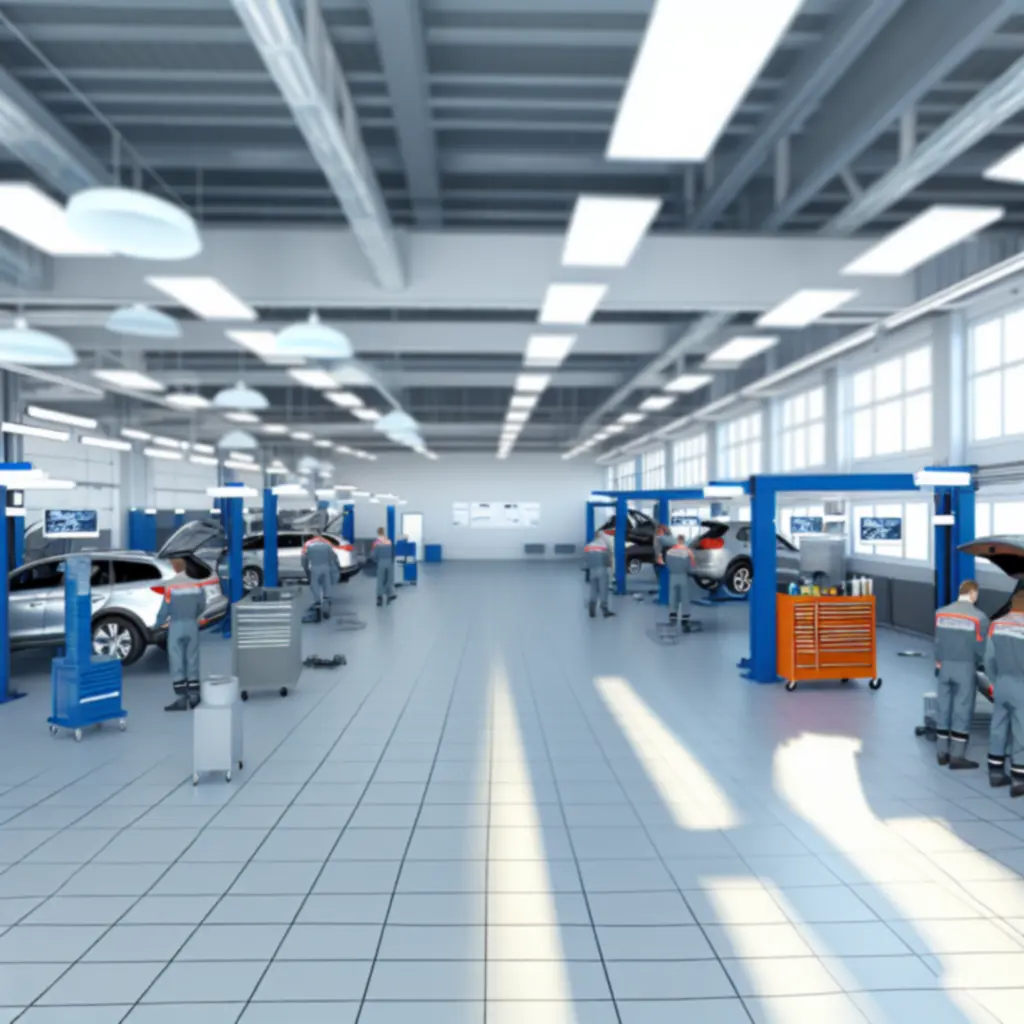 Nowoczesna hala serwisowa Najlepsze Top PL z przygotowanym stanowiskiem do obsługi pojazdu.