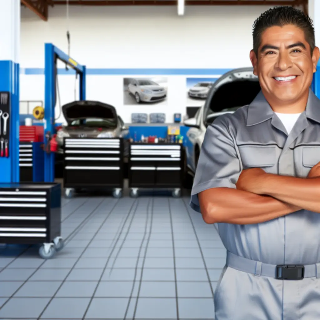 Technik serwisu Najlepsze Top PL stojący przy stanowisku z podniesionym samochodem.